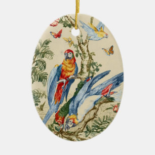 Antieke Tropische Papegaai en Vlinder Fijne Kunst Keramisch Ornament