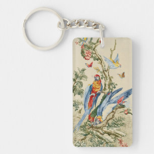 Antieke Tropische Papegaai en Vlinder Fijne Kunst Sleutelhanger