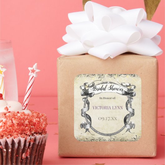 Antieke trouw bruidsfeest cadeautag vierkante sticker (Feest)