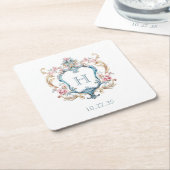 Antieke Trouwerij met Monogram en Bloemen Crest Kartonnen Onderzetters (Schuin)
