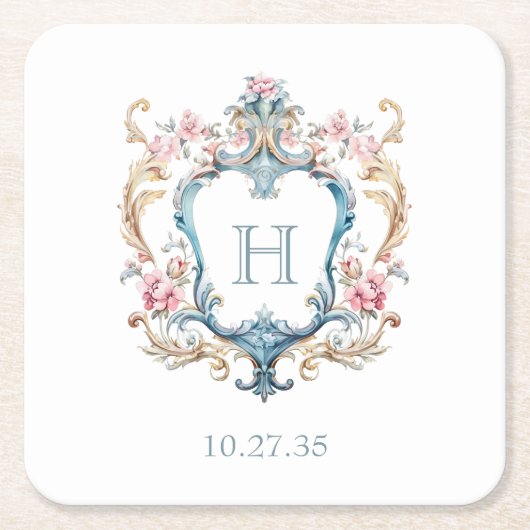 Antieke Trouwerij met Monogram en Bloemen Crest Kartonnen Onderzetters (Voorkant)