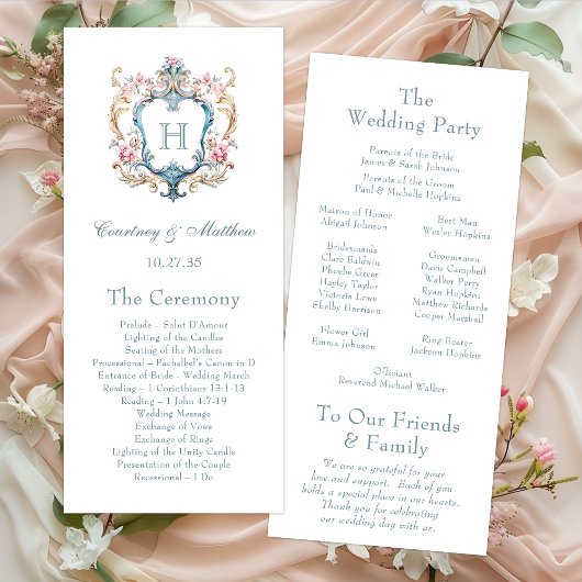 Antieke Trouwerij met Monogram en Bloemen Crest Programmakaart