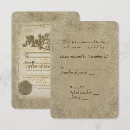 antieke trouwvergunning RSVP Kaart (Voorkant / Achterkant)