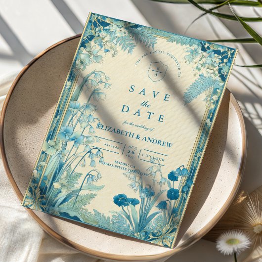 Antieke Tuin Blauwe Bloem Bruiloft Save The Date