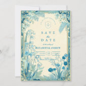 Antieke Tuin Blauwe Bloem Bruiloft Save The Date (Voorkant)