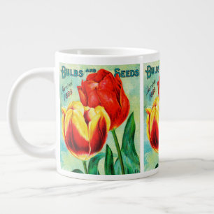 Antieke tuinadvertentie, gele rode tulpen grote koffiekop