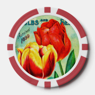 Antieke tuinadvertentie, gele rode tulpen poker chips