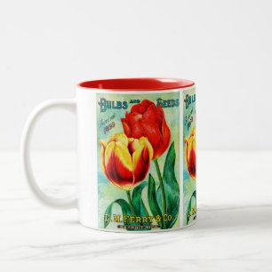 Antieke tuinadvertentie, gele rode tulpen tweekleurige koffiemok