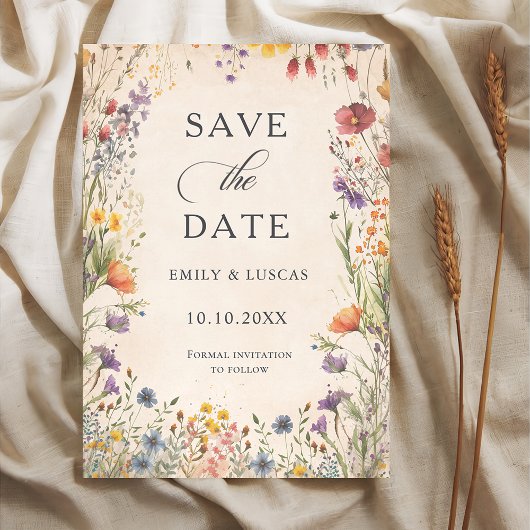 Antieke tuinhuwelijk met wilde bloemen Aandenken Save The Date