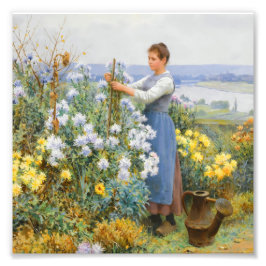 Antieke Tuinmeisje en Wilde Bloemen Vintage Foto Afdruk