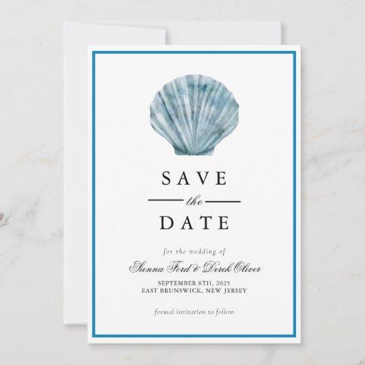 Antieke Turquoise Blauwe Enkele Zeeschelp Bruiloft Save The Date (Voorkant)