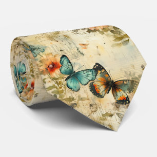 Antieke Turquoise Oranje Vlinder Bloemig Stropdas
