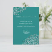 Antieke Turquoise Wervelende Damast Trouwreceptiek Informatiekaartje (Staand voorkant)