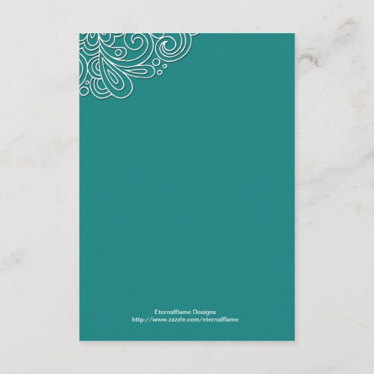 Antieke Turquoise Wervelende Damast Trouwreceptiek Informatiekaartje (Achterkant)