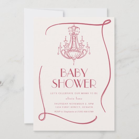 Antieke uitnodiging voor een roze babyshower met e (Voorkant)