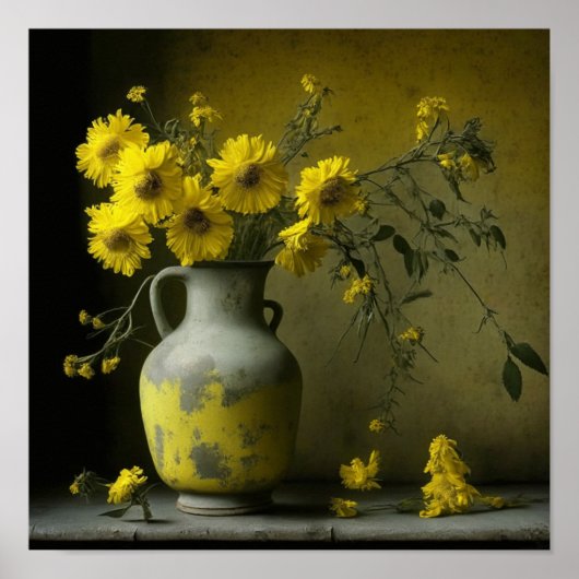 Antieke vaas met gele bloemen poster (Voorkant)