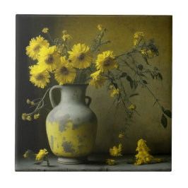 Antieke vaas met gele bloemen tegeltje