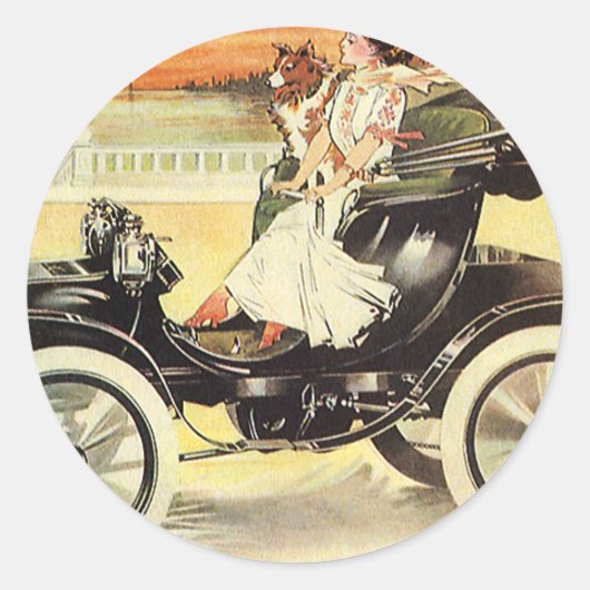 Antieke Vervoermiddelen, Vrouw in Open Auto Ronde Sticker (Voorkant)