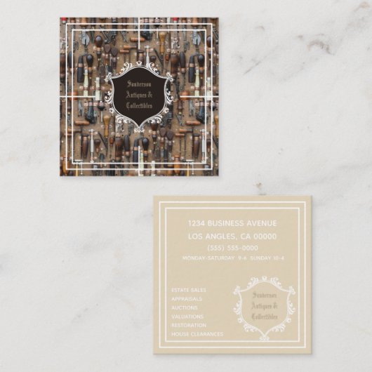 Antieke Verzamelen tools Vierkante Visitekaartje (Voorkant / Achterkant)