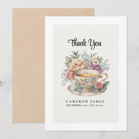 Antieke Victoriaanse bloem-theekop rozen theeparti Bedankkaart (Voorkant / Achterkant)