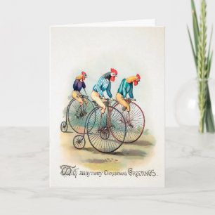 Antieke Victoriaanse fietsende hanen kerstkaart Feestdagen Kaart