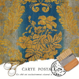Antieke Victoriaanse Gouden en Blauwe Bloemendecou Tissuepapier