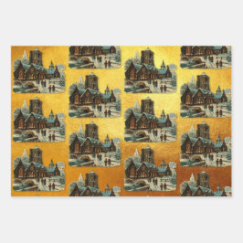 Antieke Victoriaanse Kerst Slede Kerk Oud Goud Inpakpapier Vel