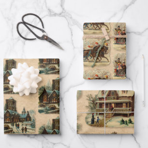 Antieke Victoriaanse Kerst slee-rit kerk Inpakpapier Vel