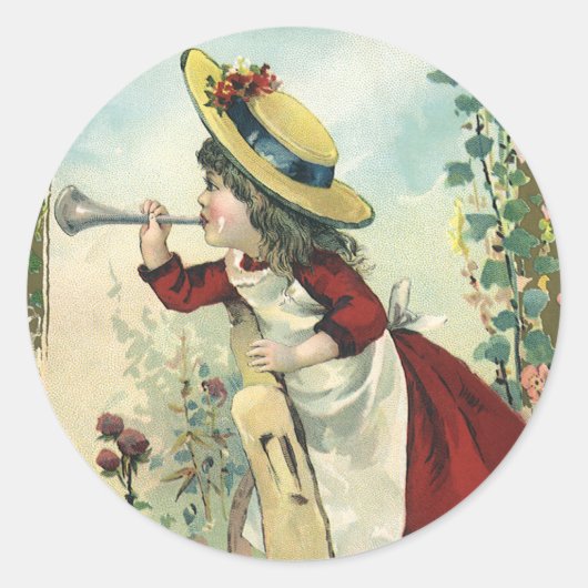 Antieke Victoriaanse kind, meisje dat bugel blaast Ronde Sticker (Voorkant)