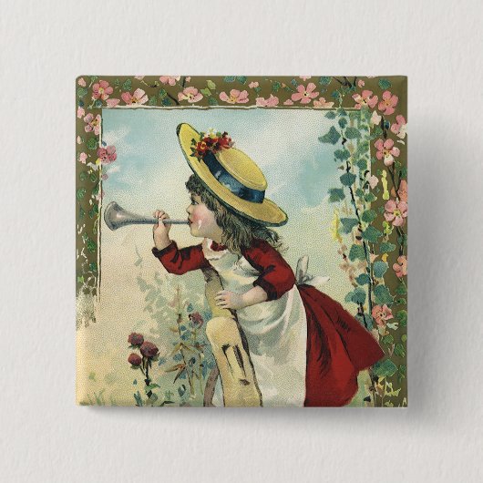 Antieke Victoriaanse kind, meisje dat bugel blaast Vierkante Button 5,1 Cm (Voorkant)