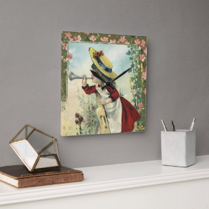 Antieke Victoriaanse kind, meisje dat bugel blaast Vierkante Klok