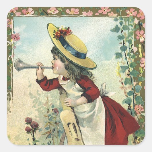 Antieke Victoriaanse kind, meisje dat bugel blaast Vierkante Sticker (Voorkant)