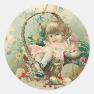 Antieke Victoriaanse kind, meisje lente fruitmand Ronde Sticker