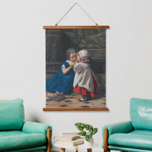 Antieke Victoriaanse Kinderen Muziek Kunst Les Hangend Wandkleed
