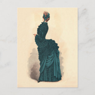 Antieke Victoriaanse modeplaat: Teal Rococo-jurk Briefkaart