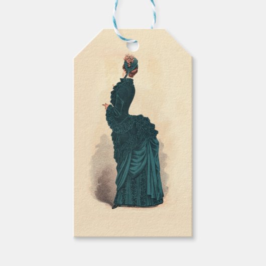 Antieke Victoriaanse modeplaat: Teal Rococo-jurk Cadeaulabel (Voorkant)