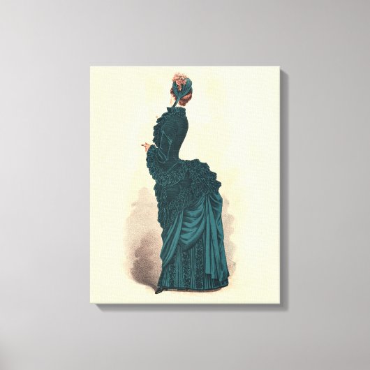 Antieke Victoriaanse Modeplaat: Teal Rococo-jurk Canvas Afdruk (Voorkant)