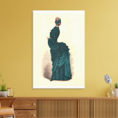 Antieke Victoriaanse Modeplaat: Teal Rococo-jurk Canvas Afdruk (Insitu (Woonkamer))