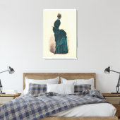 Antieke Victoriaanse Modeplaat: Teal Rococo-jurk Canvas Afdruk (Insitu (Slaapkamer))