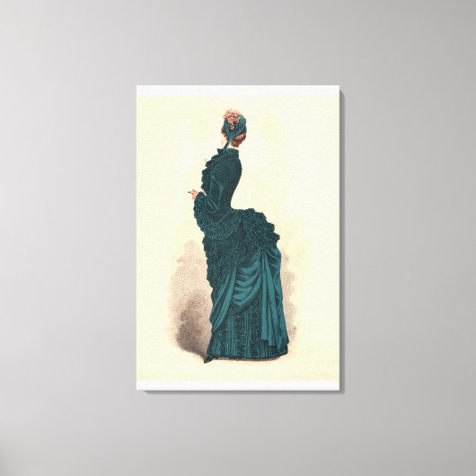 Antieke Victoriaanse Modeplaat: Teal Rococo-jurk Canvas Afdruk (Voorkant)