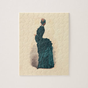 Antieke Victoriaanse Modeplaat: Teal Rococo-jurk Legpuzzel