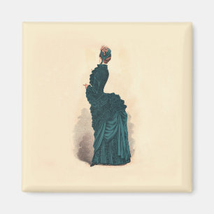 Antieke Victoriaanse Modeplaat: Teal Rococo-jurk Magneet