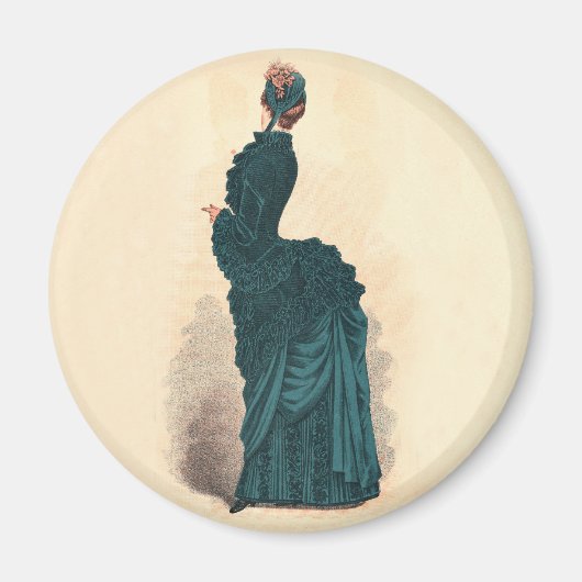 Antieke Victoriaanse modeplaat: Teal Rococo-jurk Magneet (Voorkant)