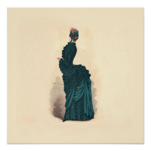 Antieke Victoriaanse Modeplaat: Teal Rococo-jurk Perfect Poster