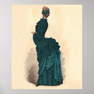 Antieke Victoriaanse Modeplaat: Teal Rococo-jurk Poster