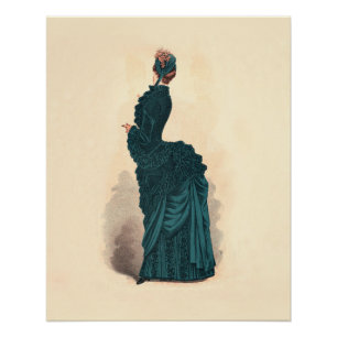 Antieke Victoriaanse modeplaat: Teal Rococo-jurk Poster