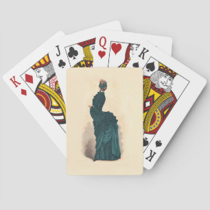 Antieke Victoriaanse Modeplaat: Teal Rococo-jurk Speelkaarten