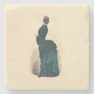 Antieke Victoriaanse modeplaat: Teal Rococo-jurk Stenen Onderzetter