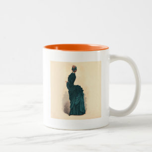 Antieke Victoriaanse modeplaat: Teal Rococo-jurk Tweekleurige Koffiemok