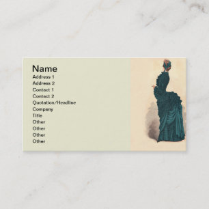 Antieke Victoriaanse Modeplaat: Teal Rococo-jurk Visitekaartje